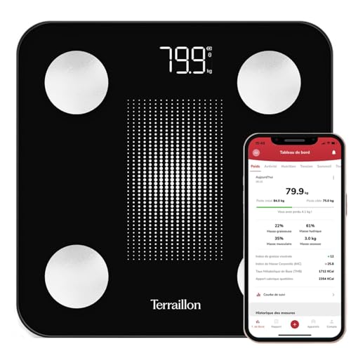 TERRAILLON - WEIGHT CONNECT - Bilancia Intelligente Bluetooth, analisi delle masse grassa, muscolare, idrica e ossea, BMI, capacità 180 kg, gradazione 50 g, schermo LED, vassoio vetro, nero