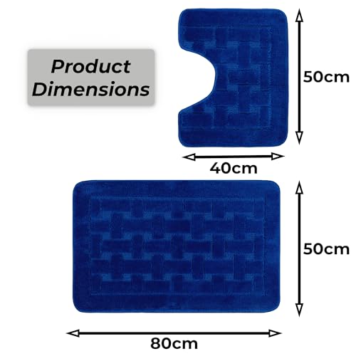 LS DECOR Luxury 2 Piece Block Bath Mat Set Non Slip Ultra Soft Bathroom Mats Water Absorbent Bath Mats Machine Washable Rug Toilet Mat for Bathroom Floor (BLUE) - Image 2