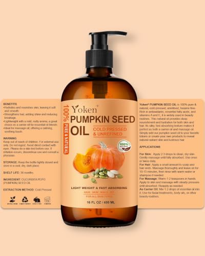 Image of Yoken Pumpkin Seed Oil for Hair 16oz Glass Bottle, Unrefined Cold Pressed | Pure Natural Pumpkin Seeds hair Oil Liquid with Pump Nourishing Scalp Skin Body Care Topical Use Massage Carrier