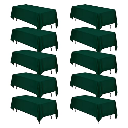 Image of BRILLMAX 10 Pack Hunter Green Tablecloths 70 x 120 Inch for 6ft & 8ft Rectangle Tables - 150 GSM Polyester Fabric, Universal Fit, Water, Stain & Wrinkle Resistant Cloth Cover for Wedding Banquet