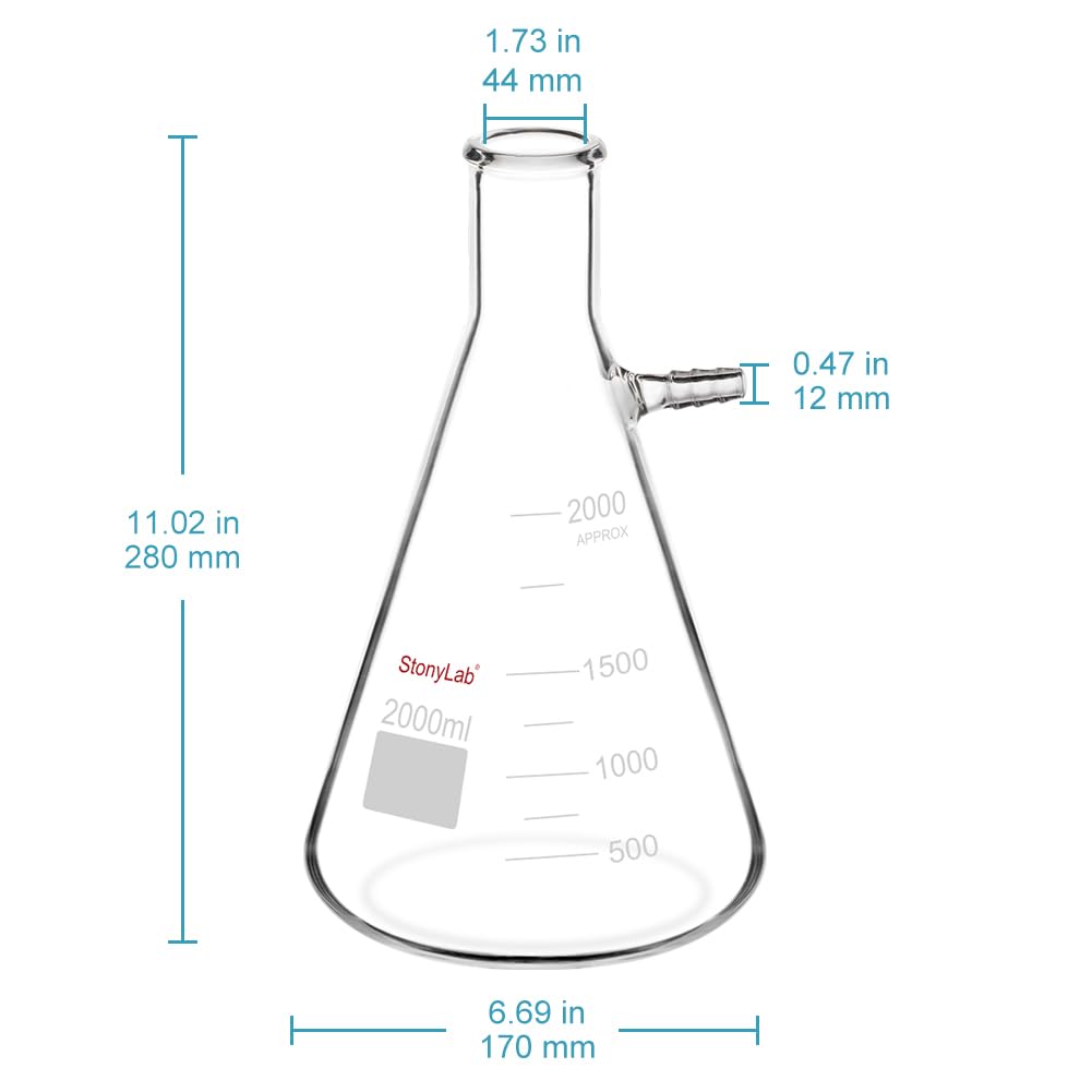 StonyLab 2000ml Borosilicate Glass Filtering Flask, Bolt Neck with Tubulation, 2L (2 Liter)