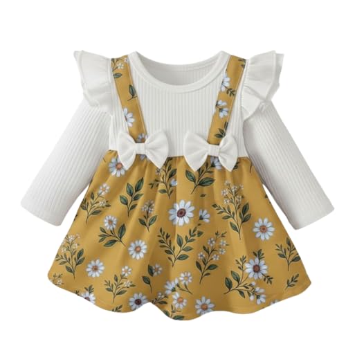 Image of A.T.U.N. (ALL THINGS UBER NICE) Baby Girls Poly Silk Frock with Bow Straps & Ruffle Sleeves | Stylish Printed Winter Dress for Kids | Cute Long Sleeve Party Frock