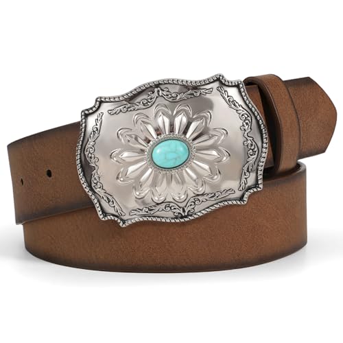 Women's Western Leather Belt Vintage Turquoise Buckle Brown Belt Cowboy Cowgirl Faux Leather Belt