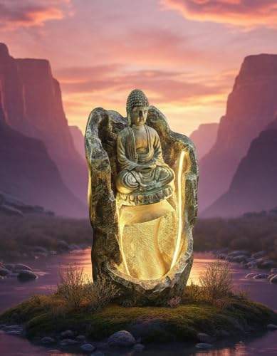 Image of 2.3feet Buddha Water Fountain with LED Lights | Indoor Outdoor Decorative Showpiece for Home, Office, Temple & Garden Decor(Golden)