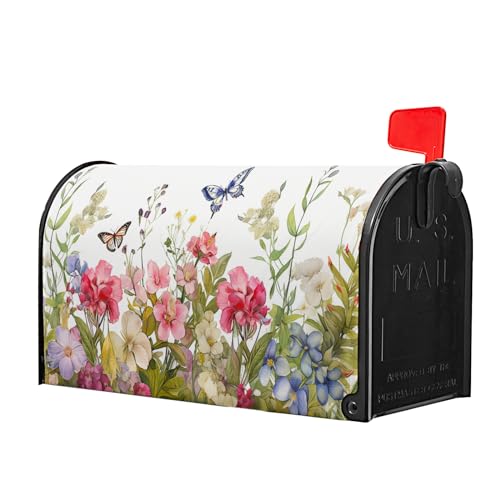 Image of Spring Welcome Mailbox Cover - Magnetic, Colorful Flowers & Butterfly Design - Standard Size 18 x 21 Inch - Summer Floral Holiday Wrap for Home, Outdoor & Garden