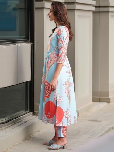 Image of GoSriKi Women's Rayon Viscose Printed Anarkali Kurta with Pant Set | Stylish Sky Blue & Orange Fruit Print Ethnic Suit | Flared Two Piece Kurti Set for Women and Girls