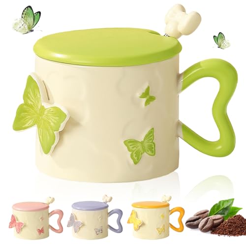 Taza de café de 350 ml, diseño de mariposas, coloridas mariposas de esmalte, taza de cerámica de viaje con impresión de diseño, duradera y ligera, flores de mariposa para niñas mamá (verde)