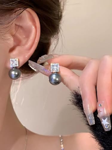 Boucles d'oreilles pendantes anti-allergie perles noires argent sterling 18k