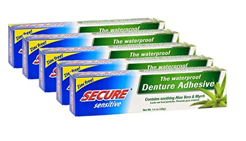 Secure Sensitive Gums Waterproof Denture Adhesive Zinc Free with Aloe Vera & Myrrh - Extra Strong 12 Hour Hold - 1.4 oz (Pack of 5)