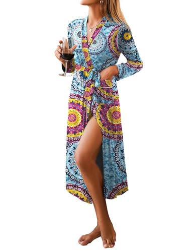 Image of Ekouaer Women Kimono Robes Full Length Knit Bathrobe Lightweight Soft Sleepwear V-neck Casual Ladies Loungewear S-XXL