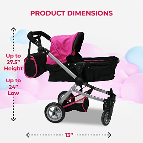 Mommy & Me Babyboo Doll Pram Foldable Doll Stroller With Basket, Convertible Seat, Adjustable Handle, Swiveling Wheels, And Free Carriage Bag (Multi Function) - 9651B Hot Pink #TOP3