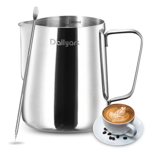 Comparison: Best Cappuccino Accessories 6 Milk Frothing Pitcher, Dailyart 12oz/350ml Milk Frother Cup 304 Stainless Steel Milk Steamer Cup with Scale, Espresso Machine Accessories, Milk Pitcher with Art Pen for Cappuccino Coffee Latte Art
