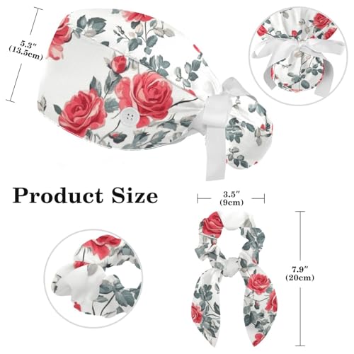 Image of Red Blooming Rose Flowers Black Working Cap with Scrunchy and Ribbon Tie for Women, Long Hair