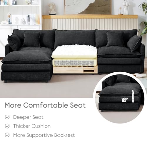 Image of 102 inch L Shaped Modular Sectional Sofa, Comfy Upholstery Chenille Cloud Couch with Ottoman, Modern 4-Seat Deep Seat Sofa with Pillow for Living Room, Bedroom, Apartment (Black)