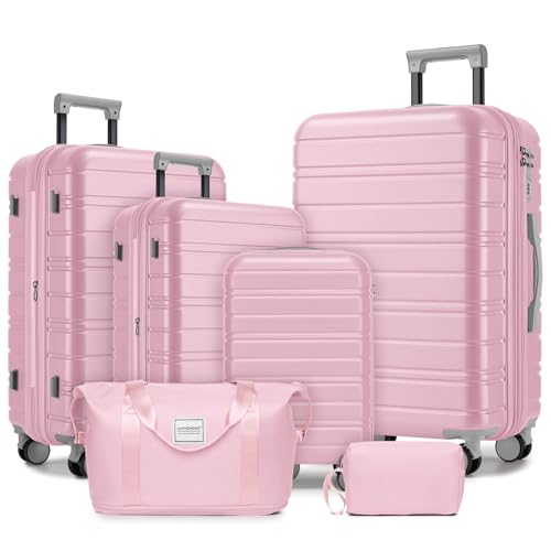 LARVENDER Luggage Sets 6 Piece Hardside Expandable Suitcase with Wheels Lock Hardside Lightweight Rolling Suitcase for Women and Men Pink