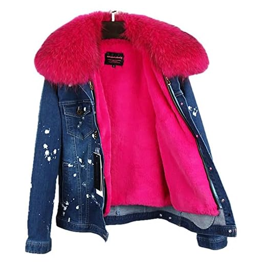 Kvinnors jeansjacka naturliga Päls parkas Kvinnlig kappa vinter Äkta tvättbjörn päls krage Jeans jacka - fuskpälsfoder -4,L