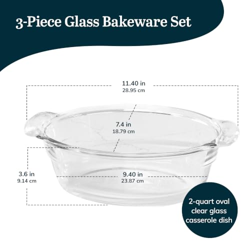 Image of Libbey Baker's Premium 3 Piece Glass Baking Dish Set, Stackable, Space Saving Casserole Dish with Lid Set, Baking Glassware for Casseroles, Desserts