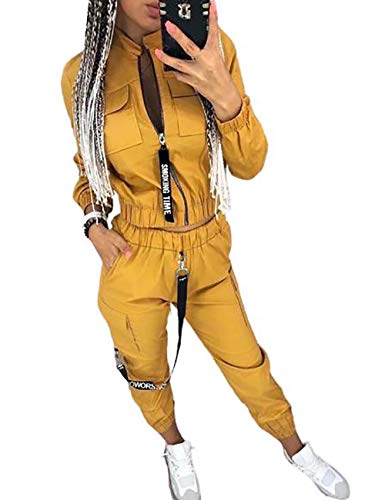 CHICME Women's Casual Two Piece Outfits Pockets Design Zip up Ruched Jacket Crop Top& Cargo Pants Sets Yellow S