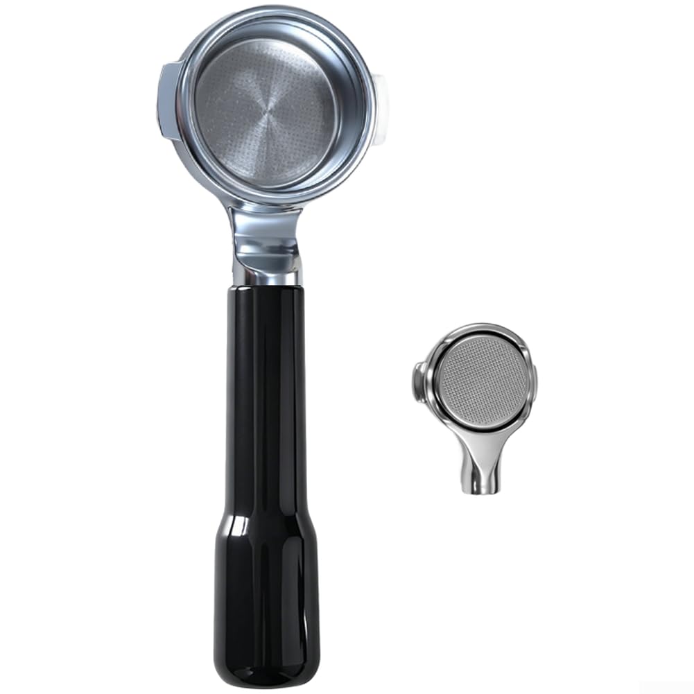 Filtro portafiltro sin fondo de 58 mm para portafiltros para cafetera espresso de acero inoxidable con doble cesta plana mango plano control de extracción precisa, color negro y blanco (B)