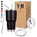 Y·J&H 20oz (550ml) Doppelwandig Vakuum Isolierter Autobecher, Edelstahl Reiseflasche, Thermobecher Kaffee to Go mit 2 Spritzfestem Deckel 2 Strohhalm, Rohrbürste,BPA Free - Schwarz