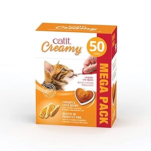 Catit Creamy Cat Treats Lickable, Chicken & Liver Flavor, 50 tubes, Mega Pack, Hand-Fed Lickable Cat Treats, Healthy & Hydrating, Made With Fresh Ingredients, Gaterie Pour Chat