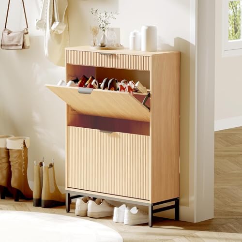 Garvee Fluted Shoe Storage Cabinet with 2 Flip Drawers, Slim Wood Shoe Organizer, Narrow Entryway Furniture with Storage for Small Spaces, Hallway Entrance Apartments, Natural
