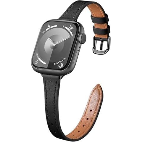 WJK Slim Bands Compatible with Leather Apple Watch Bands for Women, Black Genuine Leather Wristband for iWatch Series 9 8 7 6 5 4 3 2 1 SE Ultra 2 Cover