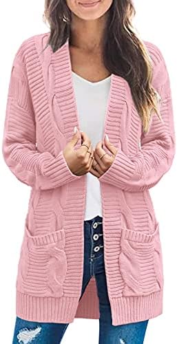 MEROKEETY Women's Long Sleeve Cable Knit Cardigan Sweaters Open Front Fall Outwear Coat Pink