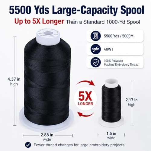 Image of Simthread Embroidery Machine Thread 5000M 40WT Polyester, Black 900 | 5000M 40WT polyester thread feeds smoothly for home or commercial embroidery projects.