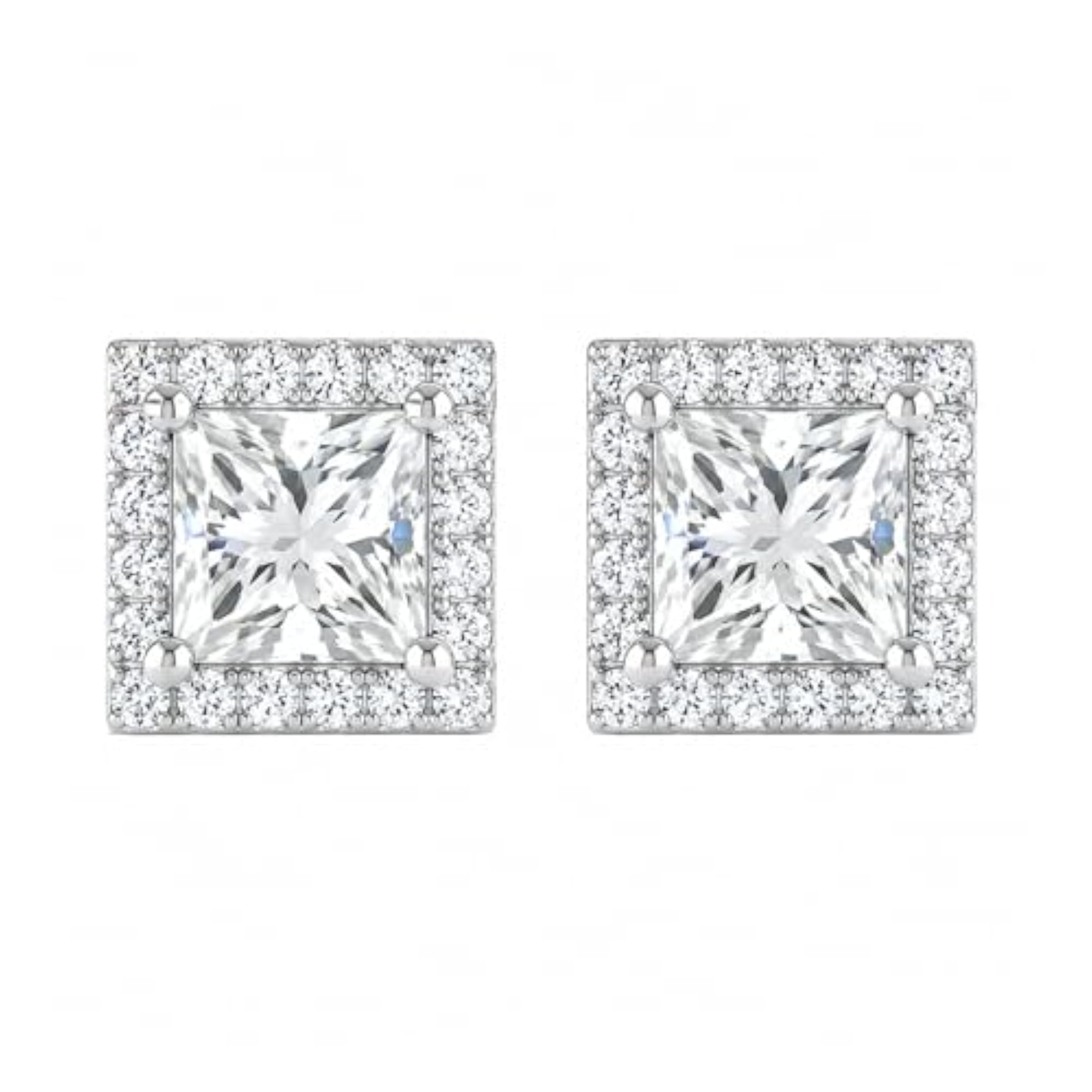 Women's 925 Sterling Silver Princess Cut Halo Stud Earrings