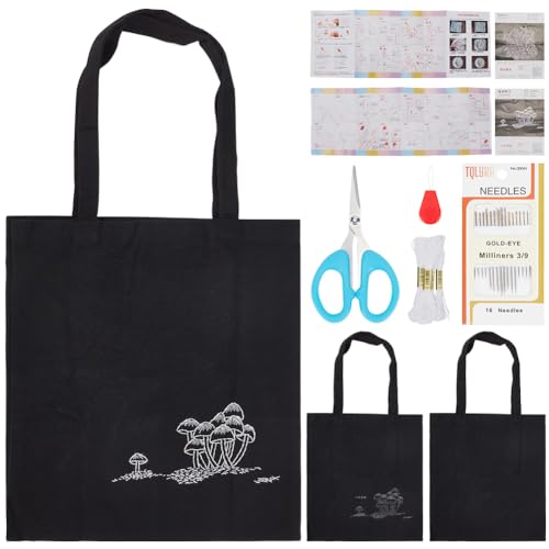 Image of FREEBLOSS Sashiko Mushroom Canvas Bag Sashiko Kit with Full Sashiko Supplies Embroidery Kit with Instructions Sashiko Thread and Needles Hand Sewing Kit for Adults Beginners, Navy Blue