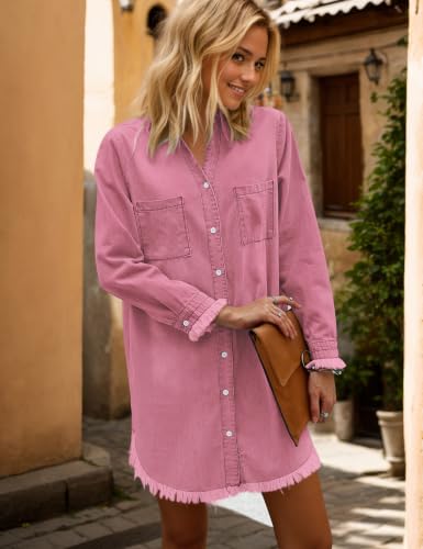 Image of Zilcremo Women Denim Dress Long Sleeve Button Down Jean Shirt | Chambray Casual Tunic Top,Distressed,Fringe Hem,Loose Fit,Mini Length,Country Concert Outfits,Daily Wear,for Spring and Fall