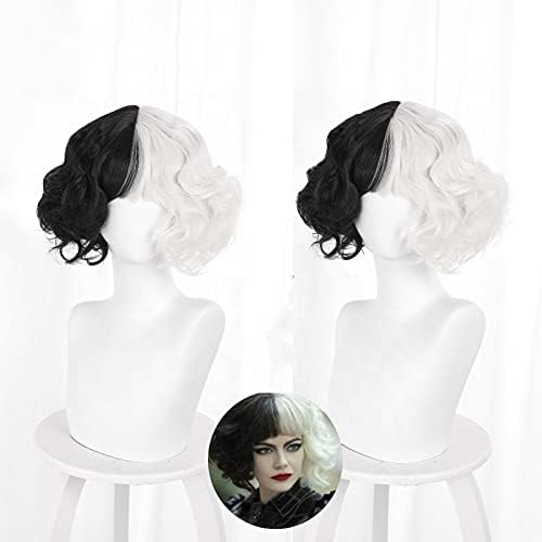 New Movie Cruella de Vil Wig with Bangs Cosplay 14" Curly Black White Mixed Synthetic Halloween Costume Cruella Deville Wig | 101 Dalmatians Supervillain