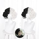 New Movie Cruella de Vil Wig with Bangs Cosplay 14' Curly Black White Mixed Synthetic Halloween Costume Cruella Deville Wig | 101 Dalmatians Supervillain