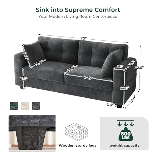 Image of 70 inch Loveseat Sofa for Living Room, Modern Chenille Cloud Couch with USB /Type-C Charging Ports, Side Pockets, Removable Cover, Wide Armrests, Small Couch for Small Space, Easy to Assemble, Grey