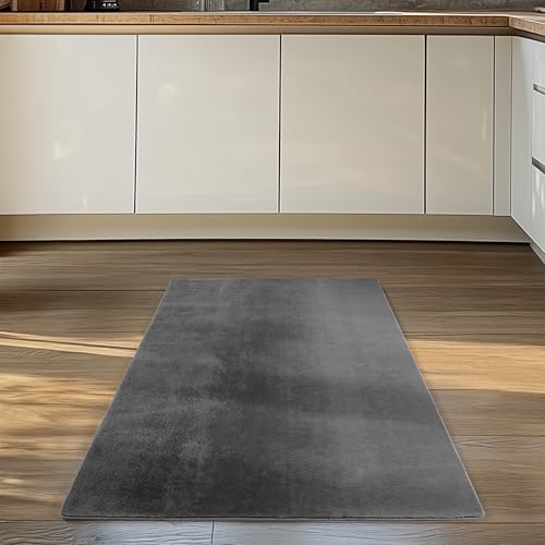 Carpettex Läufer Teppich Grau 80x150 cm- Kurzflor Teppich Waschbar, weich & rutschfest, modernes einfarbiges Design für Schlafzimmer, Küche & Flur