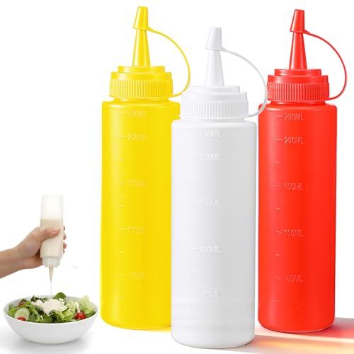 3 Pcs Condiment Sauces Squeeze Bottles Plastic Squeezes Squirt Bottle with Leak-Proof Cap and Scale Line Condiment Squeezes Bottle Plastic Squeeze Bottles 230ML/7.8OZ for Ketchup Mustard Oil Salad