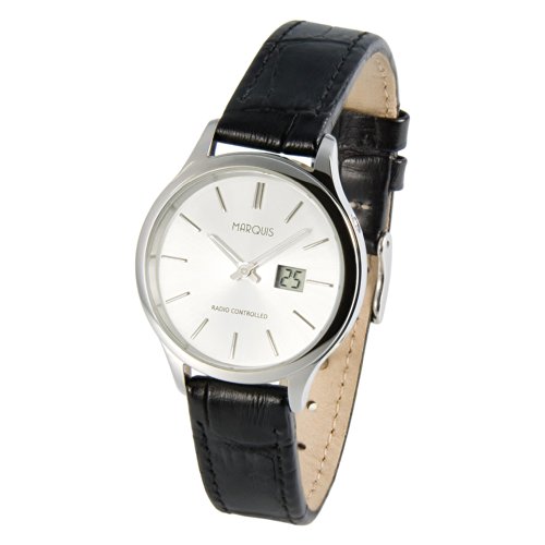 Preisvergleich Produktbild MARQUIS Damen Funkuhr, Schwarzes Lederarmband, Edelstahlgehäuse, deutsches Funkwerk, Armbanduhr 964.4785