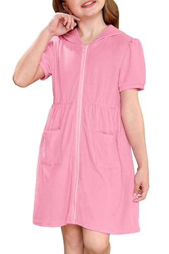 Besserbay Kid Girls Pink Puff Short Sleeve Swim Full Zipper Cover-Up Terry Beach Swimsuit Hooded Coverup With Pockets 7-8 Years #TOP19