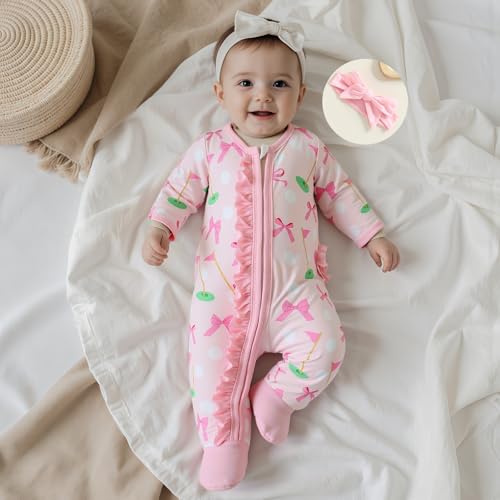 Newborn Baby Girl Golf Outfit Bow Golf Romper Long Sleeve Footed Zipper Jumpsuit Infant Fall One Piece Clothes2