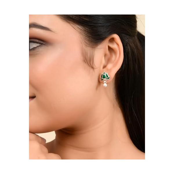 Nemichand Jewels White 925 Sterling Silver Exquisite Green Lotus Enamel Flower Stud Earrings Stud for Women & Girls - Image 3