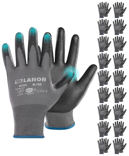 LANON 18 Paires Gants de Travail, PU Gants de Mécanicien Homme Femme, Écran Tactile, Légère, Antidérapante, Gris, Taille XXL/11