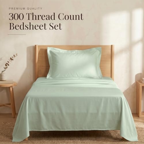 Image of Huesland 100% Pure Cotton Sateen Weave Bedsheet 300 TC - Premium Luxury Single Bed Set | Misty Jade | 88 x 55 inches