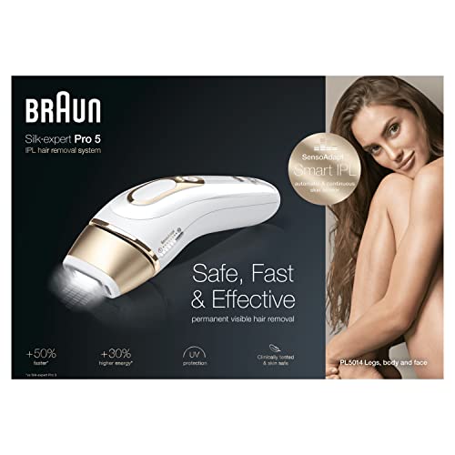 Silk Expert Pro 5 女性脱毛器强脉冲光 IPL 最新一代,白色/金色,替代激光脱毛,维纳斯剃须刀和高级包,经临床测试,PL5014