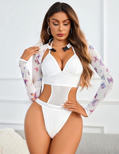 Image of Avidlove Rave Outfits for Women Festival Sexy Lingerie Bodysuit 2 Piece | Buckle shrug crop top halter bodysuit set, snap closure, breathable mesh, for concerts and club nights