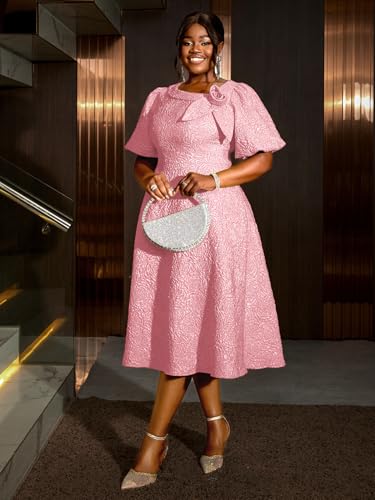 Image of AOMEI Women's Irregular Neck with Flower Short Puff Sleeve High Waist A-Line Jacquard Dress