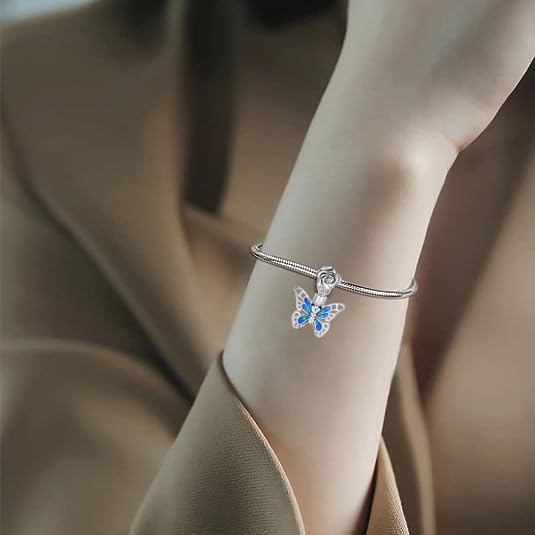 Image of NanMuc Enamel Blue Butterfly Charm for Pandora Bracelet Rose Flower Dangle Bead for Women Necklace