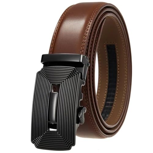 Men's Automatic Buckle Genuine Leather Belt, 3.5Cm Solid Color Formal Belt Tan Brown 110cm2