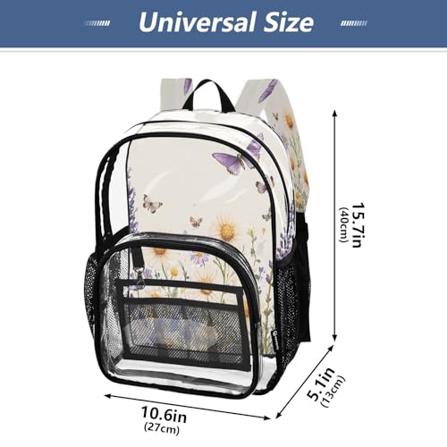 Wildflowers and Butterflies Clear Backpack - Stadium Approved Large 15.7-inch Waterproof Transparent Bag for Sports, Concerts, Work, Travel#2944