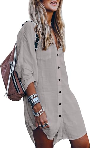 Image of POGTMM Women's Swimsuit Cover Up 3 /4 Sleeve Button Down Shirt Dress